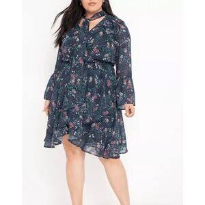 Eloquii Tie Neck Flare Sleeve Dress Blue Floral NWT size 24